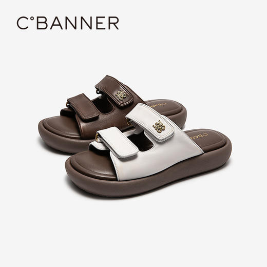 千百度羊皮沙滩一字拖女外穿平底度假海边休闲凉拖鞋A25381026 商品图0