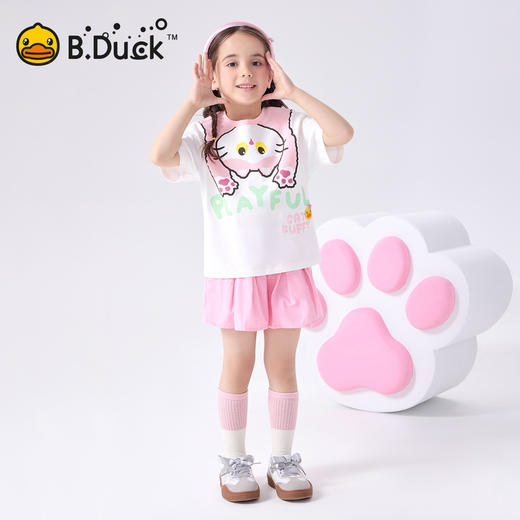 bduck小黄鸭童装夏季童女童T恤短袖夏装纯棉猫咪印花儿童半袖上衣薄款105-150 FF2601013 商品图1