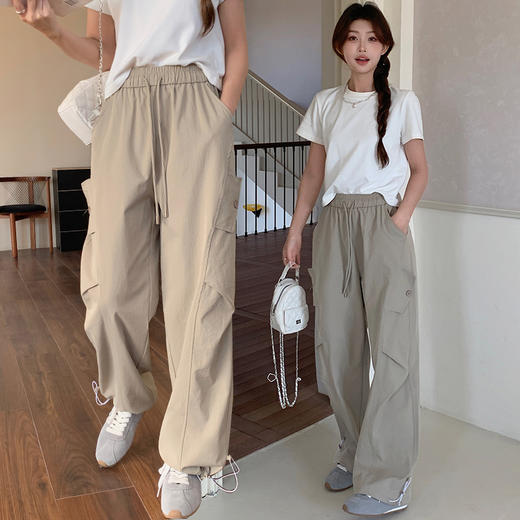 【夏季慵懒，茶歇风】【时髦百搭，不挑人】春夏新款复古高腰抽绳工装裤女宽松松紧腰显瘦拖地直筒阔腿休闲裤100% 商品图1