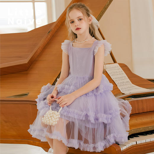 【云优选】LittleNaive儿童背心裙夏飞袖网纱纯色法式无袖公主裙女童连衣裙 商品图0