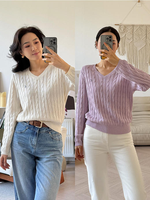 和纸纱 复古绞花 V领针织毛衣 商品图1