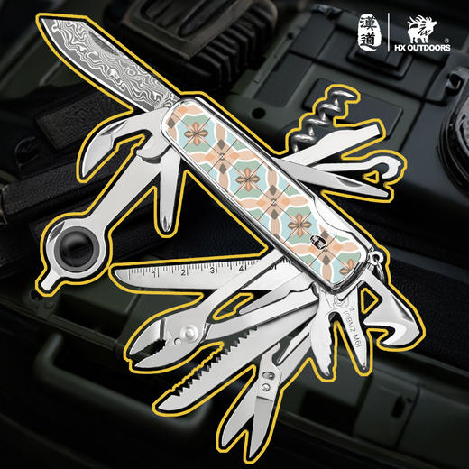 汉道大马士革纹钢多功能折叠刀露营便携车载应急多用工具瑞士军刀 商品图3