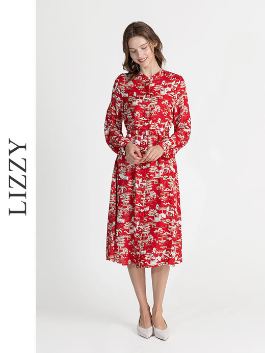 LIZZY夏季通勤休闲舒适桑蚕丝印花长袖连衣裙配腰带8130 商品图2