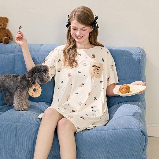 芬腾睡裙女夏季冰丝薄款短袖睡衣裙女款卡通可爱休闲家居服中裙 商品图0