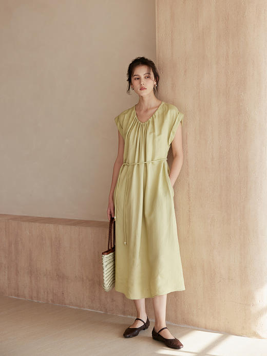 HeyDress法式亚麻连衣裙女夏季U领宽松收腰设计气质度假绿色裙子 商品图3