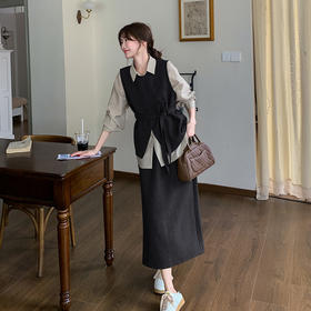 HR2C075W6036 黑色韩系高级感马甲套装裙女春2025新款气质衬衫半身裙三件套