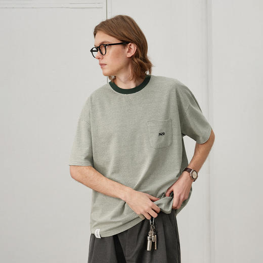 714street美式复古条纹口袋短袖T恤男女2025夏季新款情侣装打底衫 商品图0