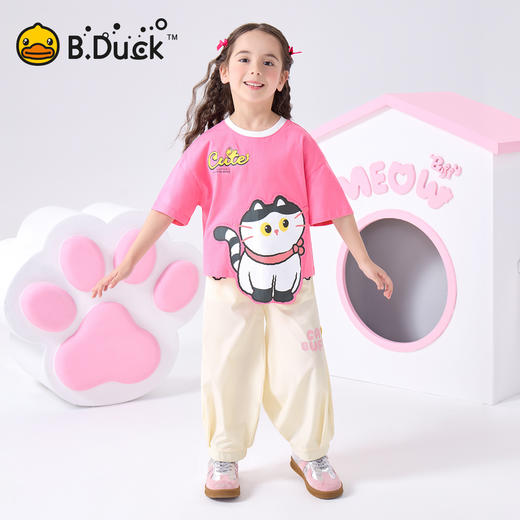 bduck小黄鸭童装夏季女童短袖T恤儿童上衣小猫咪卡通纯棉夏装105-150 FF2601009 商品图1