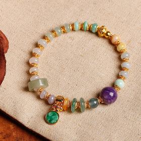 腕间流转的东方美学～天然三彩算盘珠翡翠手串女紫龙晶无事牌吊坠银饰镀金多宝证书