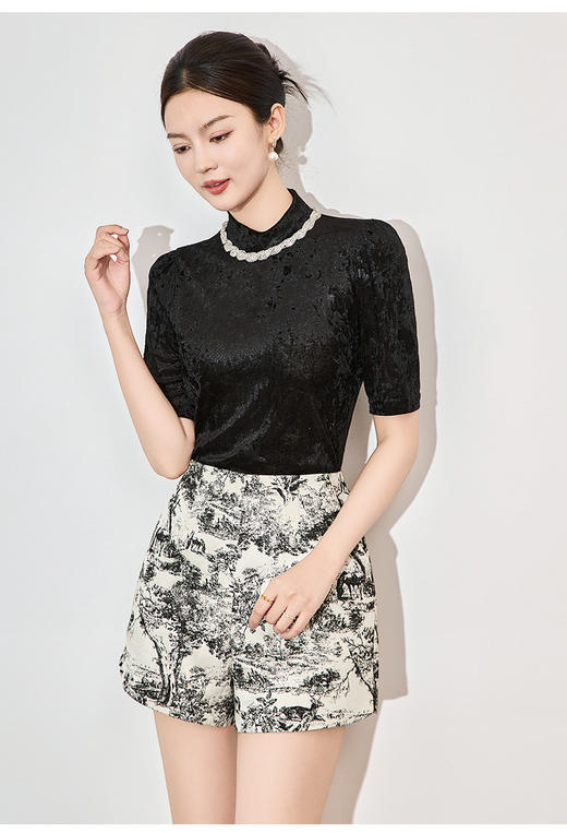 【高货wl】全新升级【铂金会员237/天猫289/差价52】(95805)洛诗琳时尚名媛气质重工暗纹银钻提花上衣高弹雅致T恤女 商品图1