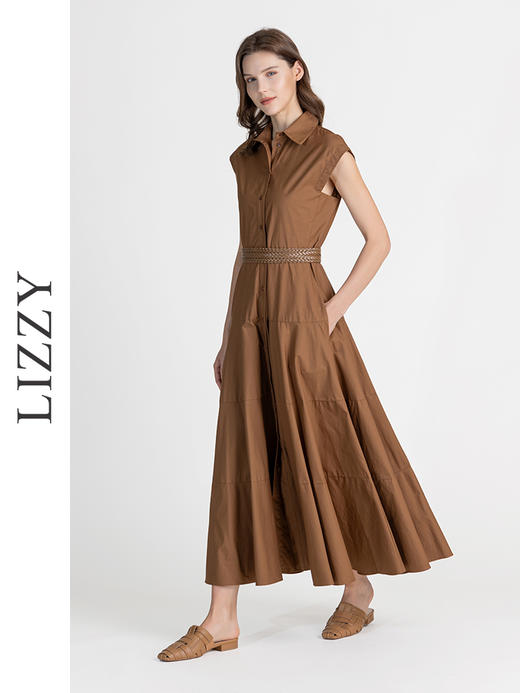 LIZZY夏季知性通勤气质衬衫领优雅名媛风长裙配腰带8146 商品图2