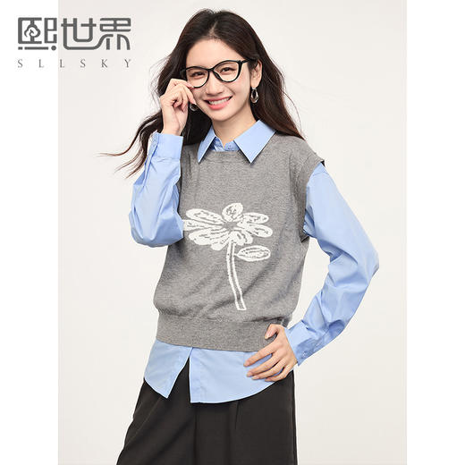 【年货节】熙世界向阳花提花针织马甲背心女春季2025年新款叠穿无袖坎肩上衣 商品图0