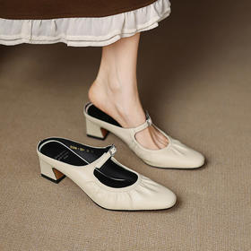 【预售5天】银色包头半拖鞋女夏外穿羊皮玛丽珍配裙子韩系褶皱粗跟穆勒凉拖鞋HB&2201