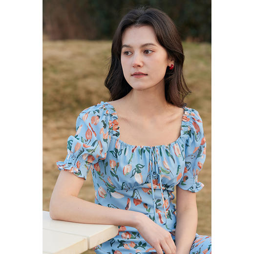 HeyDress法式郁金香印花连衣裙女夏季方领度假收腰气质碎花裙子 商品图1