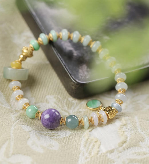 腕间流转的东方美学～天然三彩算盘珠翡翠手串女紫龙晶无事牌吊坠银饰镀金多宝证书 商品图4