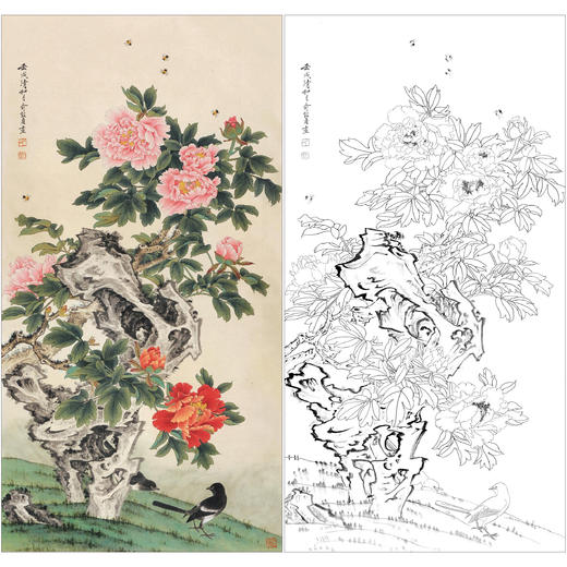 俞致贞花鸟工笔画白描底稿《富贵双喜》牡丹喜鹊临摹勾线高清打印稿ZZ62 商品图0