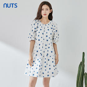 NUTS夏季新款气质圆领泡泡袖高腰显瘦圆点连衣裙324101175B