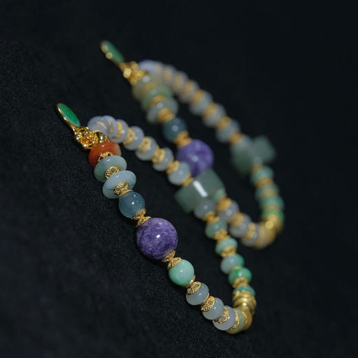 腕间流转的东方美学～天然三彩算盘珠翡翠手串女紫龙晶无事牌吊坠银饰镀金多宝证书 商品图1