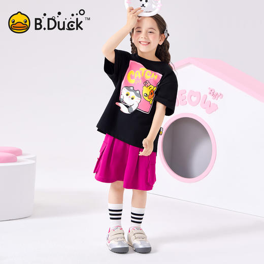 bduck小黄鸭童装夏季女童短袖T恤纯棉夏装小女孩半袖上衣儿童猫咪印花105-150 FF2601012 商品图1