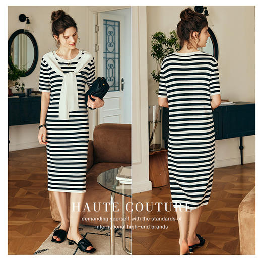 OLrain欧芮儿法式条纹针织连衣裙女夏季2023年新款披肩假两件裙子 商品图2
