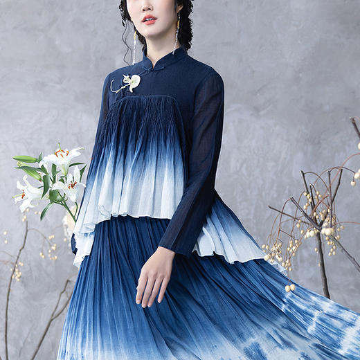 【林栖设计小店】纯棉连衣裙植物染花边压褶新中式气质2025春夏新品长裙女1952112 商品图2