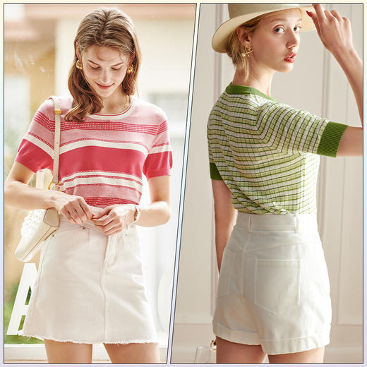 欧芮儿短袖针织t恤女冰丝薄款条纹夏季新款2025圆领休闲套头上衣 商品图2