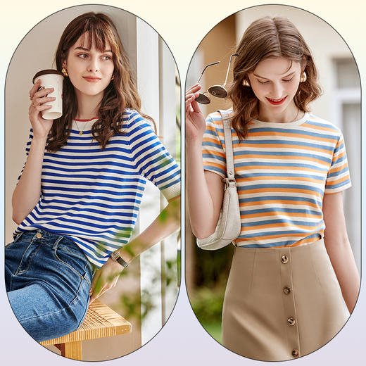 欧芮儿短袖针织t恤女冰丝薄款条纹夏季新款2025圆领休闲套头上衣 商品图1