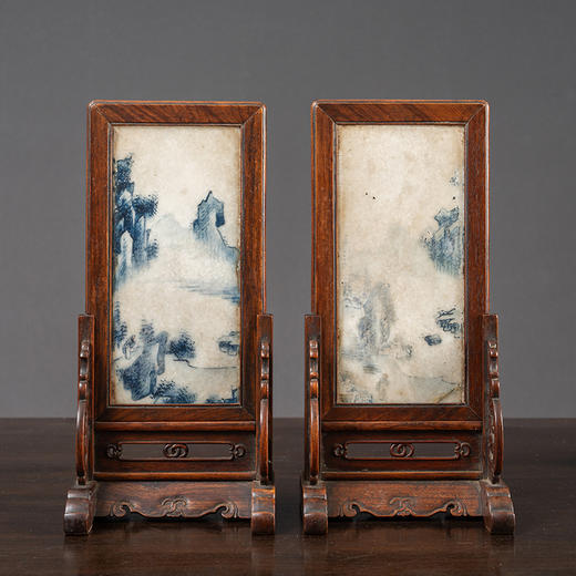 清 黄花梨镶云石彩绘麻姑献寿人物砚屏（一对） 商品图4