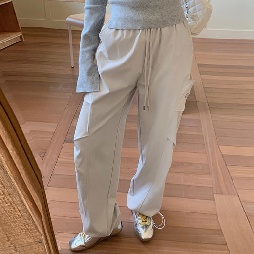 【夏季慵懒，茶歇风】【时髦百搭，不挑人】春夏新款复古高腰抽绳工装裤女宽松松紧腰显瘦拖地直筒阔腿休闲裤100% 商品图2