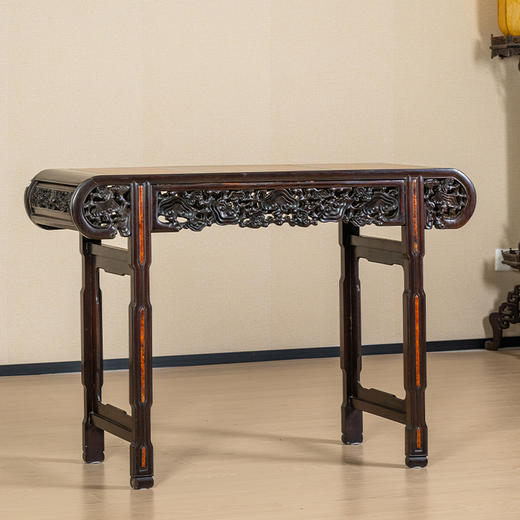 二十世纪 红木三镶瘿木透雕灵芝纹琴桌 商品图0