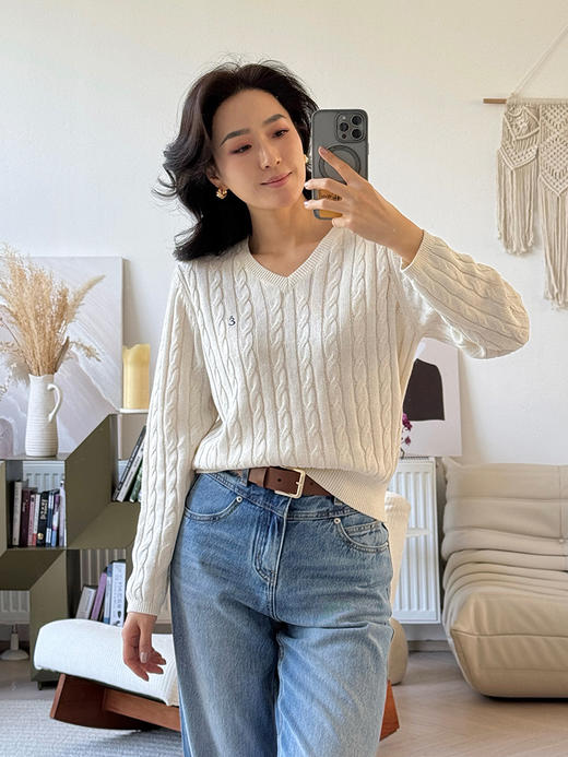 和纸纱 复古绞花 V领针织毛衣 商品图0