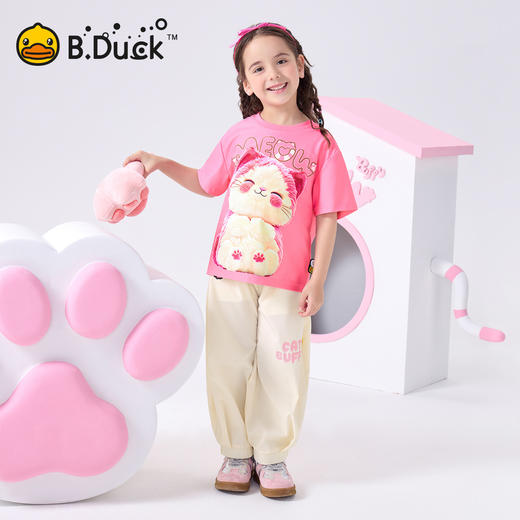 bduck小黄鸭童装夏季女童短袖t恤纯棉夏装小猫咪卡通儿童半袖上衣薄款105-150 FF2601015 商品图1