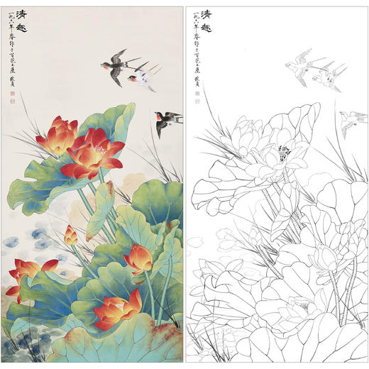俞致贞花鸟工笔画白描底稿《清趣》荷花燕子临摹勾线高清打印稿ZZ58 商品图0