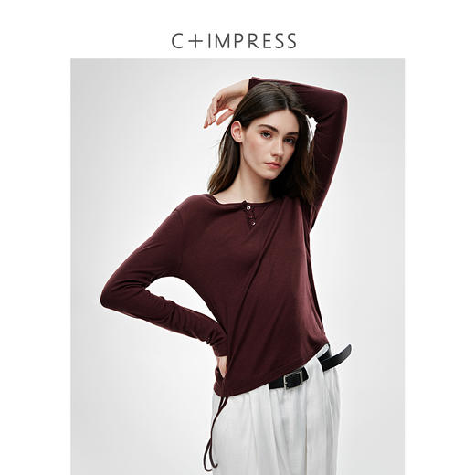 亨利领侧边抽绳桑蚕丝莱赛尔圆领T恤2025春 商品图0