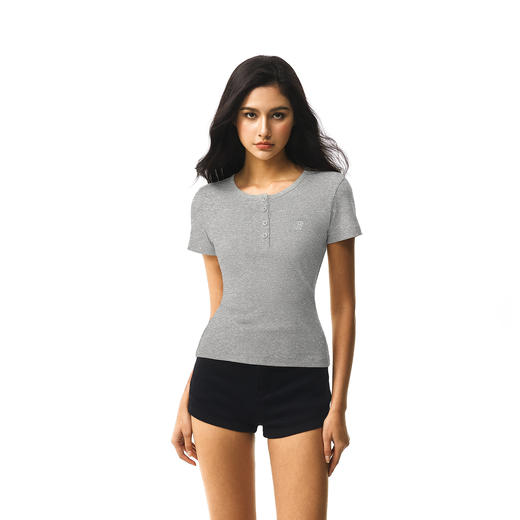 FDR官方店 闪粉圆领排扣短袖t恤女夏季美式辣妹修身显瘦短款上衣 商品图3