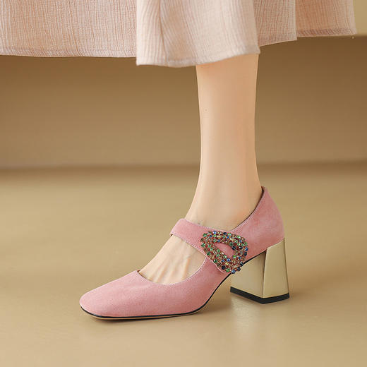 【预售5天】法式单鞋女春秋季浅口方头粗跟羊翻皮高跟鞋水钻粉色玛丽珍鞋女NDXC&7021 商品图1