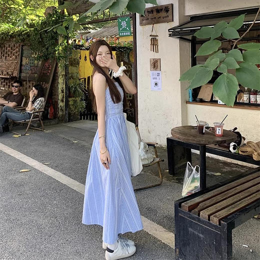 夏季新款【蓝色气质格子吊带连衣裙子】百搭小巧蝴蝶结 法式初恋系海边度假长裙 商品图3