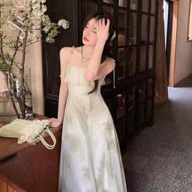 【别致绿色茶里茶气吊带连衣裙】夏日新款 荷叶边艺术感森系初恋裙 