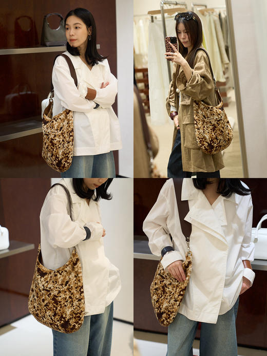 HIDEMI 都市马蹄包系列进口豹纹牛毛进口牛皮宽/窄肩带多种背法大包 豹纹牛毛/卡其色 商品图2