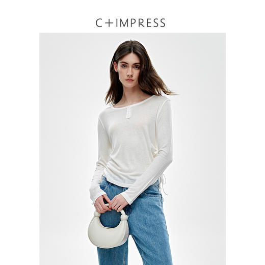 亨利领侧边抽绳桑蚕丝莱赛尔圆领T恤2025春 商品图4