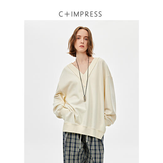 羊毛莫代尔V领慵懒风叠穿卫衣2025春新 商品图0