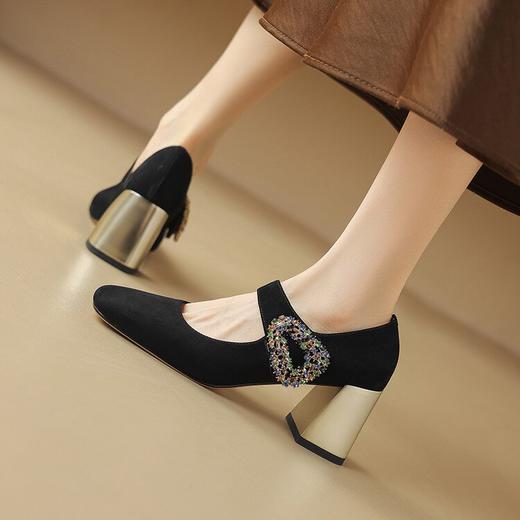 【预售5天】法式单鞋女春秋季浅口方头粗跟羊翻皮高跟鞋水钻粉色玛丽珍鞋女NDXC&7021 商品图2