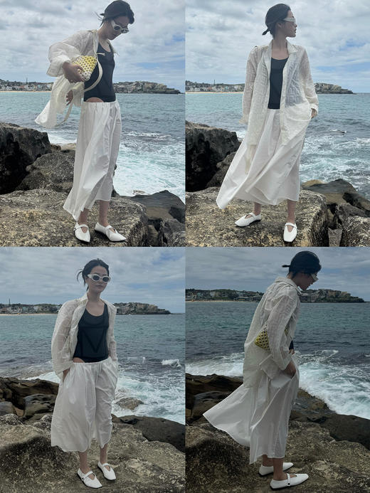 HIDEMI经典几何印花白色植绒复古剪刀领宽松衬衫背心百褶裙三件套 商品图1