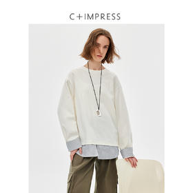 精梳棉拼接条纹假两件宽松衬衫T恤2025春新