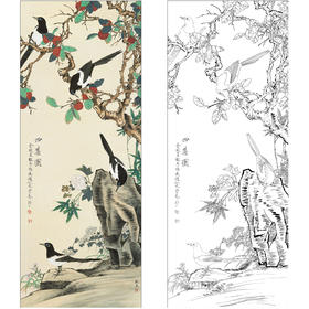 俞致贞花鸟工笔画白描底稿《四喜图》喜鹊临摹勾线高清打印稿ZZ66