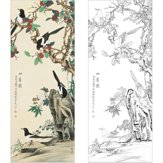 俞致贞花鸟工笔画白描底稿《四喜图》喜鹊临摹勾线高清打印稿ZZ66 商品图0