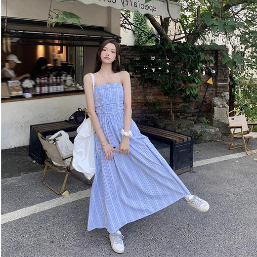 夏季新款【蓝色气质格子吊带连衣裙子】百搭小巧蝴蝶结 法式初恋系海边度假长裙 商品图2