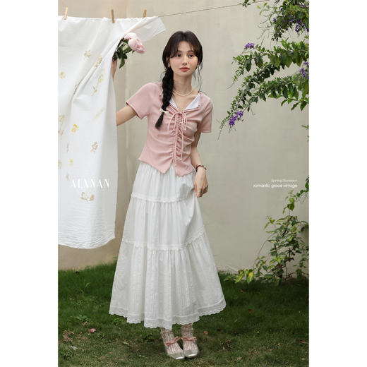 【65折秒杀】鹿向南「半糖桃酥」法式修身粉色短袖T恤女夏设计感短款正肩上衣L537105 商品图4