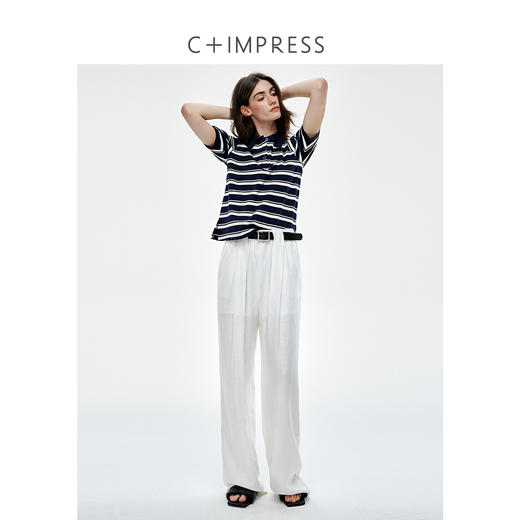 休闲撞色翻领条纹设计感泡泡袖POLO衫2025春 商品图2