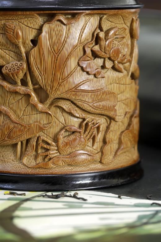 荷蟹°锡胆竹雕茶叶罐 商品图11